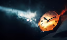 a clock in the middle of a sky that has lights on