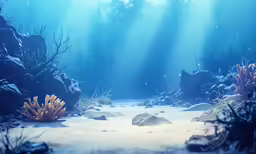 underwater scene with rocks and plants and sunlight