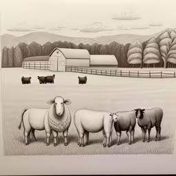 an original drawing of three sheep standing in front of a barn