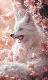 a white dog with flowers on it and a pink background