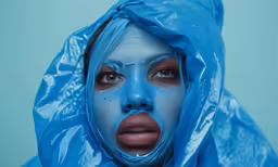 a woman is wearing blue with a hood on and her face covered