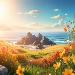 a landscape shot of beautiful flowers and sea and hills