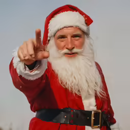 a santa claus is pointing at the camera