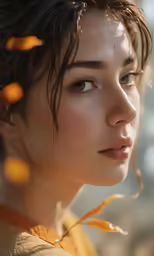 a woman with wet hair, wearing an orange shirt