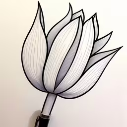 a drawing of a flower sitting next to a white wall,a drawing of a tulip flower with two black stems