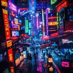 people walk on the streets of a colorful neon city
