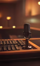 a microphone and keyboard sitting on a table