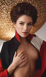 nude women with large breast posing and wearing black and red