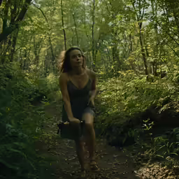 woman riding bicycle in forest next to trees