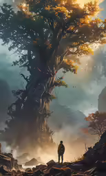 a person stands near an old, tree on a cloudy day