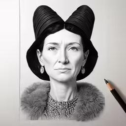 an old lady with big hats on her head is holding a pencil
