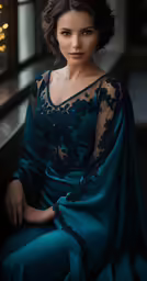 woman in blue dress sitting in front of window