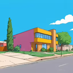 the cartoon house is pink and yellow