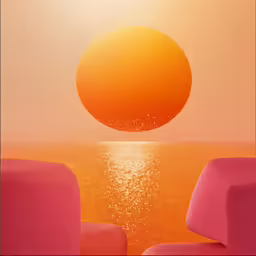 orange and pink artwork on canvas of an empty chair by the ocean