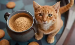 an orange cat sitting next to a mug of cinnamon tea