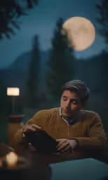 a man sitting at a table in the moonlight