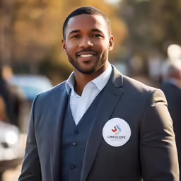 a black man wearing a gray jacket and smiling