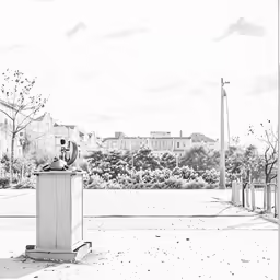 there is a trash can on the sidewalk near the street