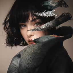 a woman wearing a feathered headpiece and holding knives in her hands