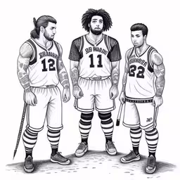 three men in basketball uniforms and their tattoos,the boston hawks basketball team in their uniforms by david krobs,the basketball player is the third man to be signed as a drawing,two basketball players and three other players with their backs turned towards the camera,three basketball players with different uniforms