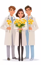 three doctors are holding sunflowers in a line