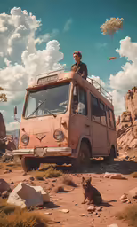 a man sitting in a old van next to a dog