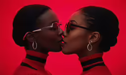 two women with their noses together are posing