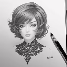 a drawing of a woman with a short, shaggy hair