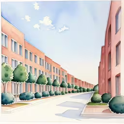 an illustration of a street with trees and building,an illustration of a city street with trees on both sides,a painting of a city with a street that has trees and bushes and buildings in the background,watercolor painting of a road and buildings with trees,this painting has trees on either side of the road
