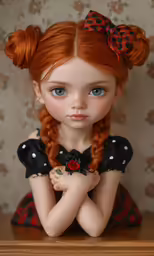 a doll with blue eyes is dressed in black and red
