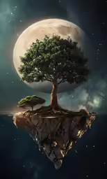 a tree on an island floating in the ocean under a moon filled sky