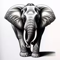 the elephant is black and white,a black and white drawing of an elephant,this is a drawing of an elephant,an elephant with tusks walking in a line drawing style,an elephant is shown on the white background