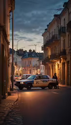 police officer with van blocking off city street,a police car parked in the middle of a city street