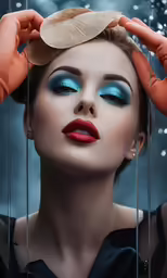 a woman with blue eyes, a hat and gloves on