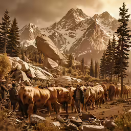 a group of cattle walking along a rocky path