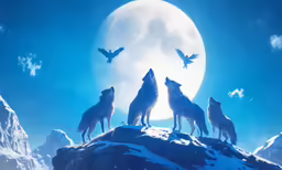 a number of animals on top of a snowy hill