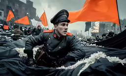 a man in uniform next to a parade with flags and flags