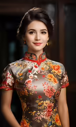 a young woman wearing a dress standing up with a smile on her face