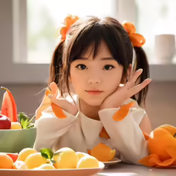 the little girl is posing next to a plate of fruit