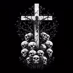 a cross with skulls sitting in front of it