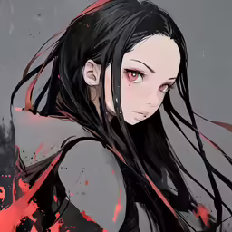 a woman with long black hair standing in the background