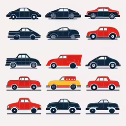 a colorful illustration of many different cars,vintage cars with different colors are displayed
