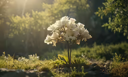 a small tree with white flowers next to rocks and a tree