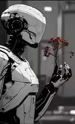 a robot holding a flower that looks like it is holding something