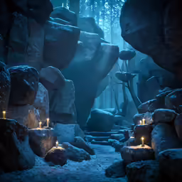candles are lit up in the dark woods