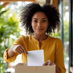 a woman with curly hair holding up a white envelope
