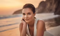a beautiful woman is sitting on the beach
