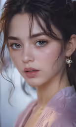 the young korean woman with blue eyes wears pearls and a pink blouse