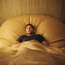 a man is laying on his stomach and smiling