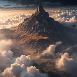 an aerial view of clouds and mountains, including the peak of a mountain